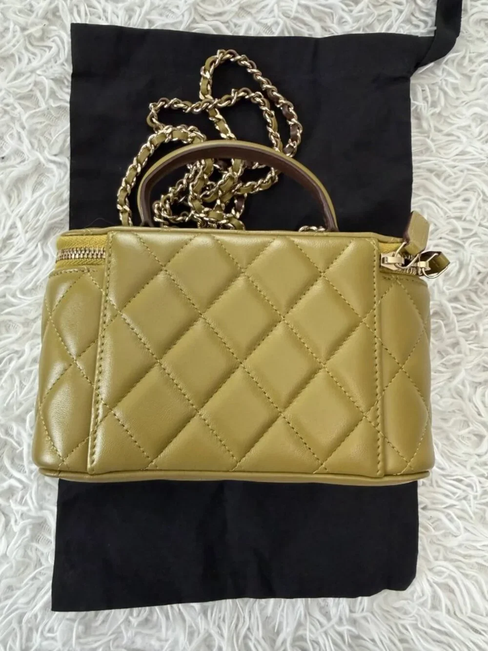 CHANEL Lambskin Quilted Small Top Handle Vanity Case With Chain in Green and Bro